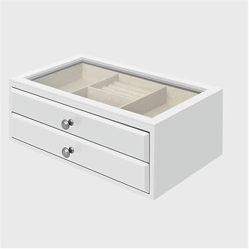 KEuLen Schmuckschatulle aus Holz, Vintage Schmucketui mit 2 Schubladen und transparentem Glasdeckel, Schmuck-Organizer aus Holz(Blanc) von KEuLen