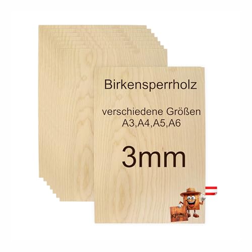 Sperrholzplatten Birke - A3 | 420 x 297 x 3 (+-0,5) mm - hochwertige Multiplex Platte - Holz zum Basteln - Holzplatten für Bastelarbeiten - Holzzuschnitte - 5 Stück von KF-Holz