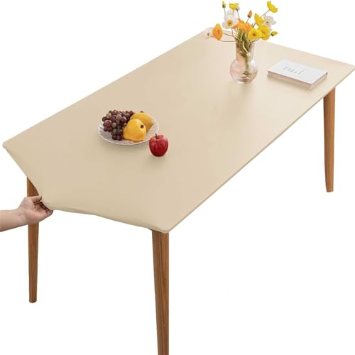 Tischdecke Abwischbare Tischdecke, Wasserdicht Elastische PVC Fitted Vinyl Tischabdeckung Schutz Rechteckig, Für Küche Indoor Outdoor Picknick Camping (Beige,90X150CM) von KFDZSW