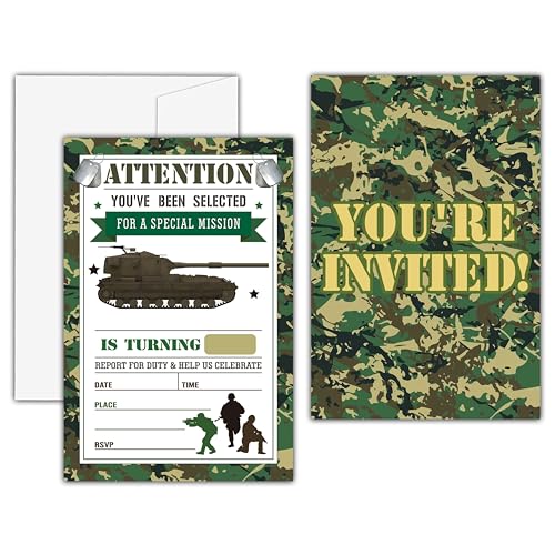 KFNER Armee-Geburtstagseinladungen, Camouflage-Geburtstagsparty-Einladungskarte, militärische Geburtstagsparty-Gastgeschenke & Feier-Zubehör (20 Einladungen mit Umschlägen) -D11 von KFNER