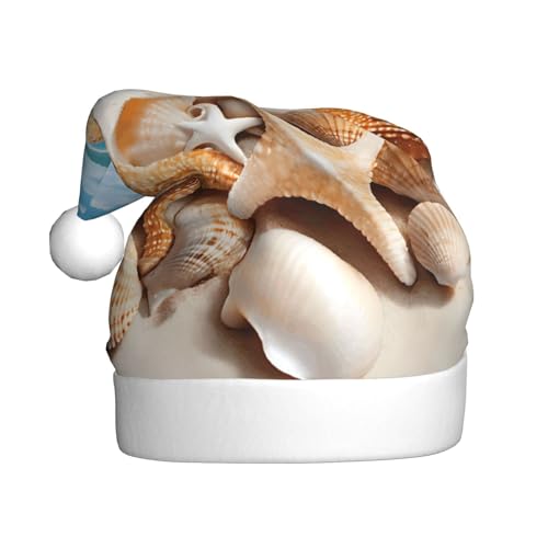 KFRXXZQB Muschelstrand – Druck für Erwachsene, Plüsch-Weihnachtsmützen – festliche Weihnachtsmannmützen für Erwachsene – leicht und bequem für Weihnachtsfeiern, Partys, Feiertage. von KFRXXZQB