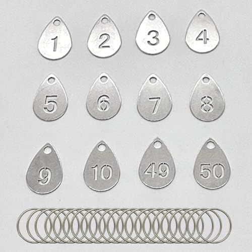 50 Stück nummerierte Edelstahl-Etiketten – Metall-Wassertropfen-ID-Tags mit Schlüsselringen (1–50) von KFZDCG