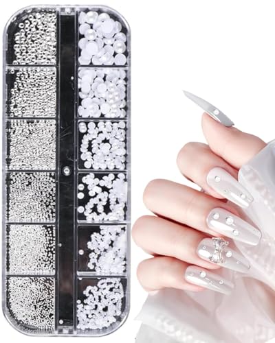 KGDUYC 12Raster Nail Art Strasssteine,Weiße Perlen Für Nägel Halbrunde Perlenkugeln Nail Caviar Beads Weiße Flatback-Perlen Charms Klein Edelstahl-Perlen für Frauen Acryl Nagel Dekorationen Design KGDUYC 12Raster Nail Art Strasssteine,Weiße Perlen Für Nägel Halbrunde Perlenkugeln Nail Caviar Beads Weiße Flatback-Perlen Charms Klein Edelstahl-Perlen für Frauen Acryl Nagel Dekorationen Design von KGDUYC