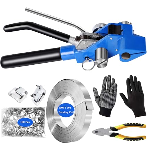 KGLHJDY Stahlband-Set, Metallband-Umreifungswerkzeug, Palettenband-Set mit Ratschenspanner und Schneider, Metallband-Verpackungsmaschine mit 100-teiliger Schnalle, 3/4 Zoll x 100 Fuß Stahlband-Spule von KGLHJDY