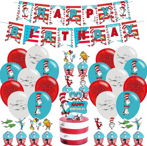 Seuss Katze im Hut Motto Party Dekorationen - Happy Birthday Banner, Cupcake Cake Toppers, Luftballons für Fans Erwachsene Party Supplies von KGNZUIZIU