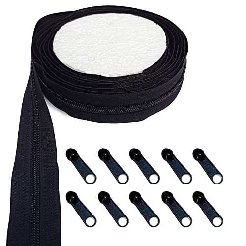 KGS Endlos Reißverschluss Set mit Zipper 5mm 2.7 Meter Inklusive 10 Metall Schieber für Kleidung Tasche Mäppchen Bettwäsche, Schwarz von KGS