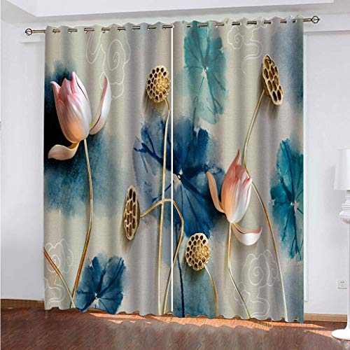 3D Vorhänge Schlafzimmer Chinesischer Goldener Lotus Drucken Curtains Für Wohnzimmer Deko, Vorhang Blickdicht Verdunklungsgardine Mit Ösen 2Er Set 180x250 cm Verdunkelung Für Schlafzimmer Kinder von KGSK