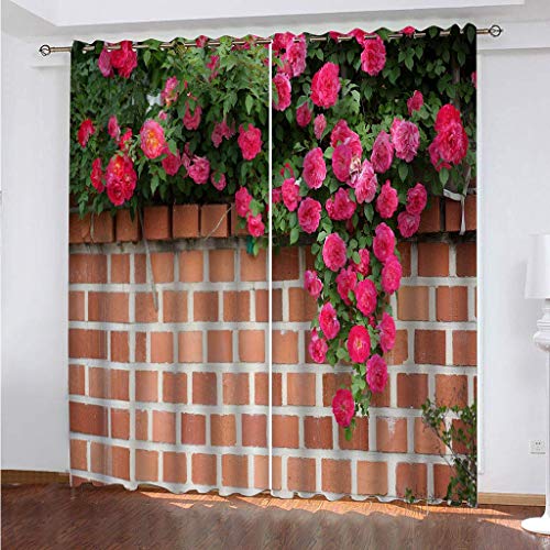 KGSK Vorhänge Blickdicht Mit Ösen 2 Set 3D Ziegelwand Mit Roten Blumen Gardinen Blickdichte 200x160 cm Vorhang Drucken Curtains Schlafzimmer Wohnzimmer Deko, Verdunklungsgardine Verdunklungsvorhänge von KGSK