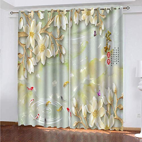 KGSK Vorhänge Mit Ösen 2Er Set 3D Chinesische Weiße Blüten Muster Vorhang Blickdicht Verdunkelung Drucken 160x200 cm Verdunklungsvorhänge 2Er Set Für Deko Wohnzimmer Modern Schlafzimmer von KGSK
