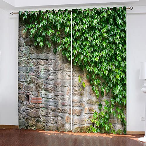 KGSK Vorhänge Mit Ösen 2Er Set 3D Ziegelwand Grüne Pflanzen Muster Vorhang Blickdicht Verdunkelung Drucken 160x200 cm Verdunklungsvorhänge 2Er Set Für Deko Wohnzimmer Modern Schlafzimmer von KGSK