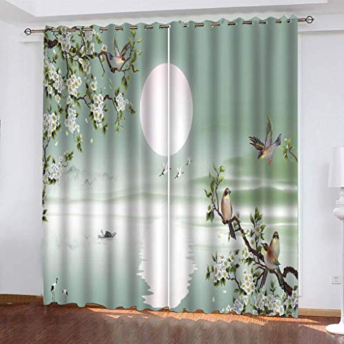KGSK Vorhänge Schlafzimmer 2 Stücke 3D Chinesische Blumen- Und Vogelkunst Breite Ösen Für Wohnzimmer, 264x214 cm Fenster Vorhang Verdunkelungsvorhang, Gardinen Blickdicht, Verdunklungsvorhänge von KGSK
