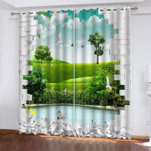 Vorhänge Blickdicht Mit Ösen 2 Set, Vorhang Thermo Gardinen Für Schlafzimmer 3D Ziegelwand Grüne Naturlandschaft Verdunklung Für Wohnzimmer 264x240 Cm Verdunklungsgardine, Drucken Curtains Deko, Mod von KGSK