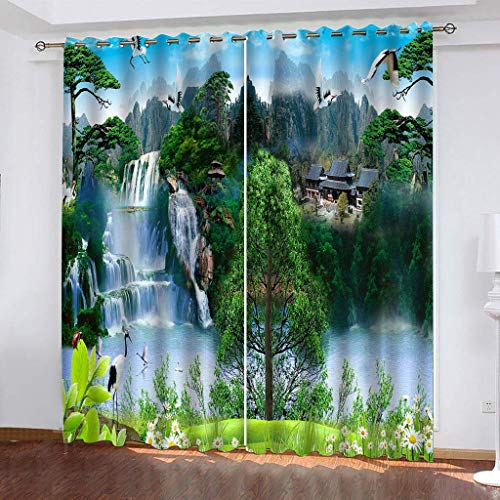 Vorhänge Blickdicht Mit Ösen 2 Set 3D Chinesische Landschaftsarchitektur Gardinen Blickdichte 200x160 Cm Vorhang Drucken Curtains Schlafzimmer Wohnzimmer Deko, Verdunklungsgardine Verdunklungsvorhän von KGSK