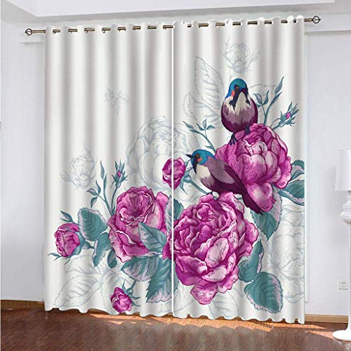 Vorhänge Blickdicht Mit Ösen 2 Set 3D Lila Pfingstrose Blume Kleiner Vogel Gardinen Blickdichte 200x160 Cm Vorhang Drucken Curtains Schlafzimmer Wohnzimmer Deko, Verdunklungsgardine Verdunklungsvorh von KGSK