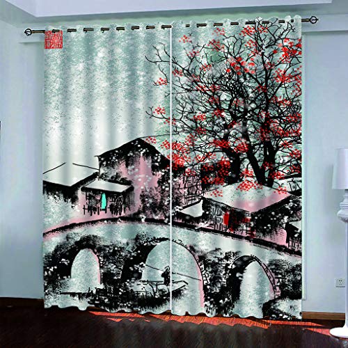 Vorhänge Kinderzimmer Blickdicht 3D Chinesischer Stil Jiangnan Water Town Dekor Schlafzimmer, Vorhang Ösenschal Verdunkelungsvorhang 200x200 cm Verdunkelungs Kinder, Digitaldruck Gardinen Wohnzimmer von KGSK