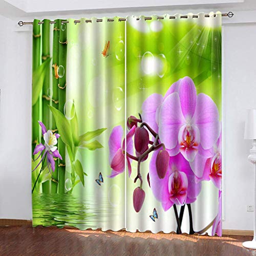 Vorhänge Kinderzimmer Blickdicht 3D Lila Blüten Mit Bambusblättern Dekor Schlafzimmer 280x160 cm Vorhang Ösenschal Verdunkelungsvorhang, Verdunkelungs Kinder, Digitaldruck Gardinen Wohnzimmer von KGSK
