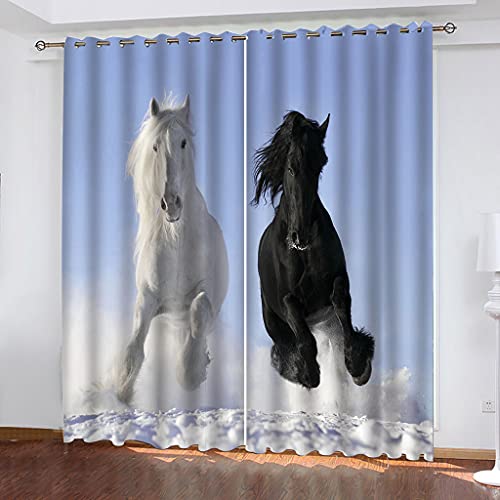 Vorhänge Kinderzimmer Junge 3D Schwarzes Und Weißes Tierpferd Jungen Kinder Mädchen, Blickdicht Dekor Schlafzimmer 140x240 cm Verdunkelungs Fenster Vorhang Panels, Gardinen Mit Ösen von KGSK
