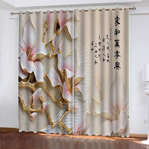 Vorhänge Kurz Fenster Wohnzimmer 3D Chinesische Rosa Blüten Vorhang Verdunkelung Blickdicht Gardinen, Schlafzimmer Mit Muster Modern 2Er Set 140x160 cm Kinder Mit Ösen von KGSK