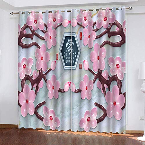 Vorhänge Kurz Fenster Wohnzimmer 3D Chinesische Rosa Pflaumenblüte Vorhang Verdunkelung Blickdicht Gardinen, Schlafzimmer Mit Muster Modern 2Er Set 140x160 cm Kinder Mit Ösen von KGSK