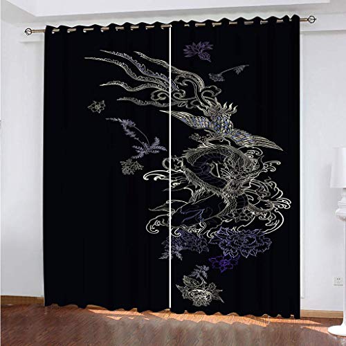 Vorhänge Kurz Fenster Wohnzimmer 3D Chinesischer Loong Print Vorhang Verdunkelung Blickdicht Gardinen, Schlafzimmer Mit Muster Modern 2Er Set 140x160 cm Kinder Mit Ösen von KGSK