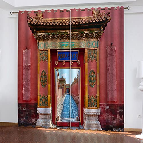 Vorhänge Kurz Fenster Wohnzimmer 3D Chinesischer Stil Palace Museum Architektur Vorhang Verdunkelung Blickdicht Gardinen, Schlafzimmer Mit Muster Modern 2Er Set 140x160 cm Kinder Mit Ösen von KGSK