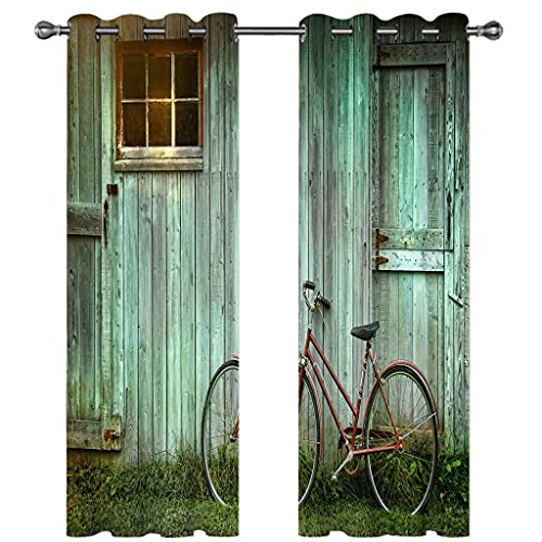 Vorhänge Kurz Fenster Wohnzimmer 3D Fahrrad Green Wooden House Vorhang Verdunkelung Blickdicht Gardinen, Schlafzimmer Mit Muster Modern 2Er Set 140x160 cm Kinder Mit Ösen von KGSK