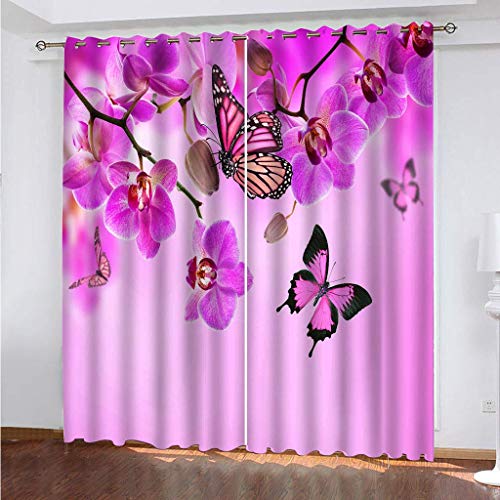 Vorhänge Kurz Fenster Wohnzimmer 3D Lila Blume Schmetterling Vorhang Verdunkelung Blickdicht Gardinen, Schlafzimmer Mit Muster Modern 2Er Set 140x160 cm Kinder Mit Ösen von KGSK