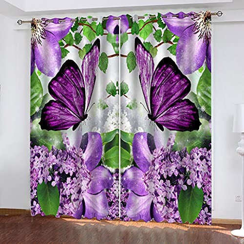 Vorhänge Kurz Fenster Wohnzimmer 3D Lila Schmetterlingsblume Vorhang Verdunkelung Blickdicht Gardinen, Schlafzimmer Mit Muster Modern 2Er Set 140x160 cm Kinder Mit Ösen von KGSK