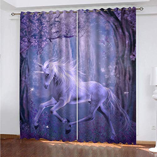 Vorhänge Kurz Fenster Wohnzimmer 3D Purple Forest Horse Vorhang Verdunkelung Blickdicht Gardinen, Schlafzimmer Mit Muster Modern 2Er Set 140x160 cm Kinder Mit Ösen von KGSK
