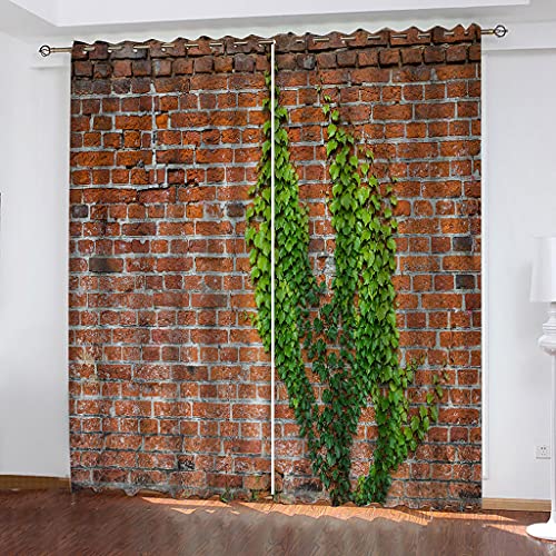 Vorhänge Kurz Fenster Wohnzimmer 3D Ziegelwand Grüner Pflanzendruck Vorhang Verdunkelung Blickdicht Gardinen, Schlafzimmer Mit Muster Modern 2Er Set 140x160 cm Kinder Mit Ösen von KGSK