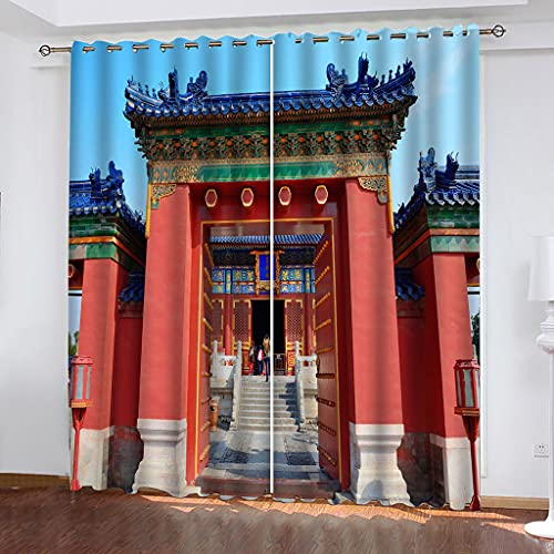 Vorhänge Mit Ösen 2Er Set 3D Chinesischer Stil Verbotene Stadt Landschaft Muster Vorhang Blickdicht Verdunkelung Drucken 160x200 Cm Verdunklungsvorhänge 2Er Set Für Deko Wohnzimmer Modern Schlafzimm von KGSK