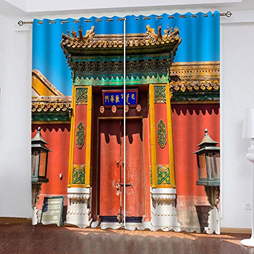 Vorhänge Wohnzimmer Blickdicht 3D Chinesische Rote Architektur Drucken Curtains Für Schlafzimmer Wohnzimmer Deko 234x230 Cm Vorhang Blickdicht Verdunklungsgardine Mit Ösen, Deko Verdunklungsvorhang von KGSK