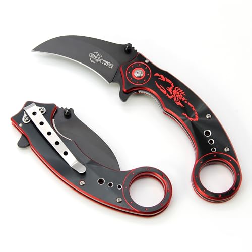 KH-Security Karambit Taschenmesser Red Scorpion aus 420 Edelstahl mit Gürtelclip - Klappmesser Jagdmesser Messer von KH-Security