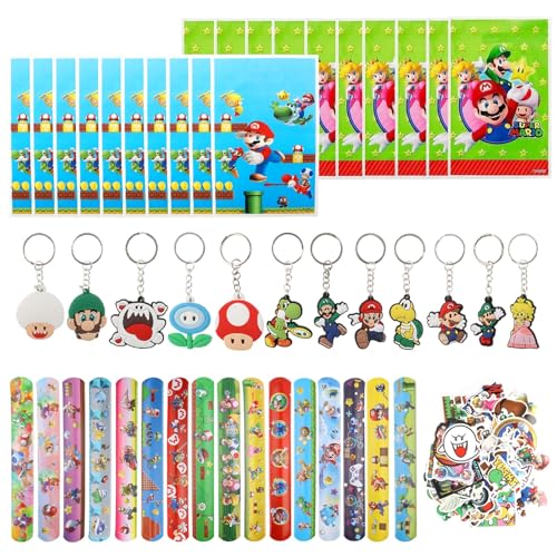 KHDULQ 98 Stück Party Gastgeschenke Kinder, Mitgebsel Kindergeburtstag Schlüsselanhänger, Mario Aufkleber, Slap Armbänder, Geschenktüten, Super Mitbringsel Kindergeburtstag (4 Stile) von KHDULQ
