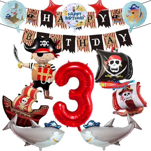Piraten Geburtstagsdeko, 3 Jahre Kindergeburtstag Piraten Deko, Piratenschiff Hai Folienballon, Geburtstag Banner, Kindergeburtstag Piratenparty Dekoration (3) von KHFEIYUE