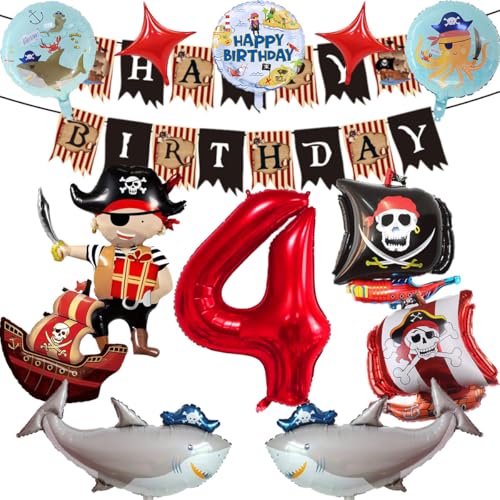 Piraten Geburtstagsdeko, 4 Jahre Kindergeburtstag Piraten Deko, Piratenschiff Hai Folienballon, Geburtstag Banner, Kindergeburtstag Piratenparty Dekoration (4) von KHFEIYUE