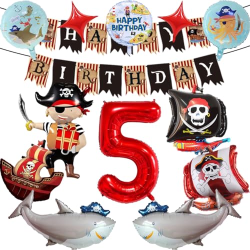 Piraten Geburtstagsdeko, 5 Jahre Kindergeburtstag Piraten Deko, Piratenschiff Hai Folienballon, Geburtstag Banner, Kindergeburtstag Piratenparty Dekoration (5) von KHFEIYUE