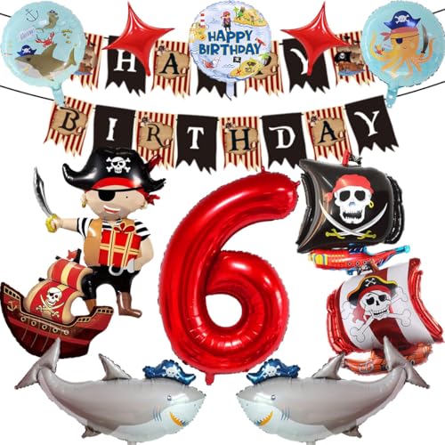 Piraten Geburtstagsdeko, 6 Jahre Kindergeburtstag Piraten Deko, Piratenschiff Hai Folienballon, Geburtstag Banner, Kindergeburtstag Piratenparty Dekoration (6) von KHFEIYUE