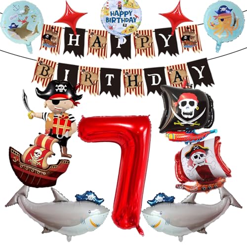 Piraten Geburtstagsdeko, 7 Jahre Kindergeburtstag Piraten Deko, Piratenschiff Hai Folienballon, Geburtstag Banner, Kindergeburtstag Piratenparty Dekoration (7) von KHFEIYUE