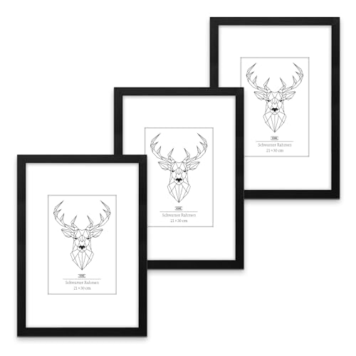 KHG Bilderrahmen 3er Set aus MDF-Holz mit stabilem Glas und Passepartout, zum Aufhängen oder Hinstellen, Ideal für Portraits, Urkunden, Poster - schwarz, 21x30 cm KHG Bilderrahmen 3er Set aus MDF-Holz mit stabilem Glas und Passepartout, zum Aufhängen oder Hinstellen, Ideal für Portraits, Urkunden, Poster - schwarz, 21x30 cm von KHG