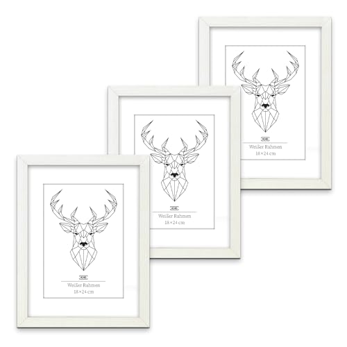 KHG Bilderrahmen 3er Set aus MDF-Holz mit stabilem Glas und Passepartout, zum Aufhängen oder Hinstellen, Ideal für Portraits, Urkunden, Poster - weiß, 18x24 cm von KHG