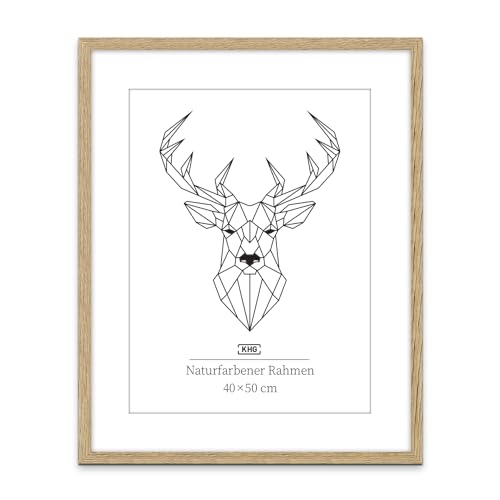 KHG Bilderrahmen aus MDF-Holz mit stabilem Glas und Passepartout, zum Aufhängen oder Hinstellen, Ideal für Portraits, Urkunden, Poster - Eiche, 40x50 cm von KHG