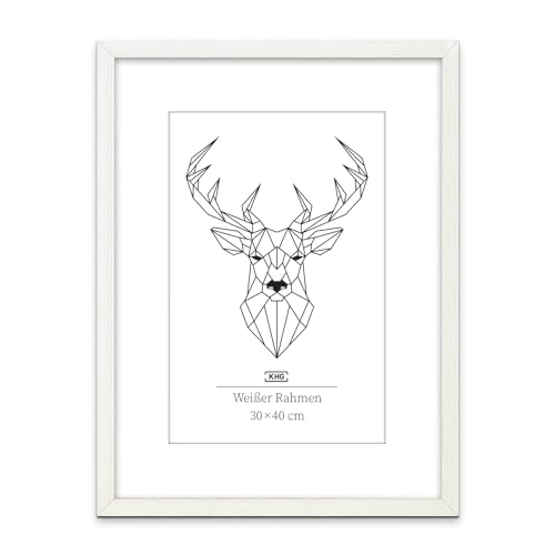 KHG Bilderrahmen aus MDF-Holz mit stabilem Glas und Passepartout, zum Aufhängen oder Hinstellen, Ideal für Portraits, Urkunden, Poster - weiß, 30x40 cm von KHG