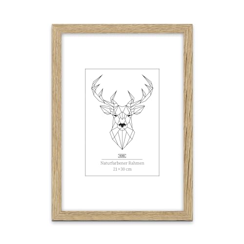 KHG Bilderrahmen aus MDF-Holz mit stabilem Glas und Passepartout, zum Aufhängen oder Hinstellen, Ideal für Portraits, Urkunden, Poster - Eiche, 21x30 cm von KHG