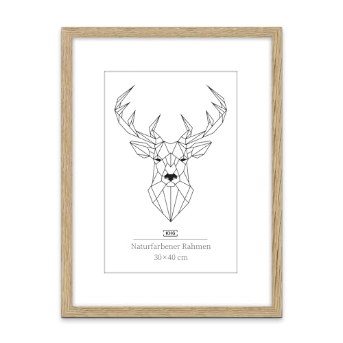 KHG Bilderrahmen aus MDF-Holz mit stabilem Glas und Passepartout, zum Aufhängen oder Hinstellen, Ideal für Portraits, Urkunden, Poster - Eiche, 30x40 cm von KHG