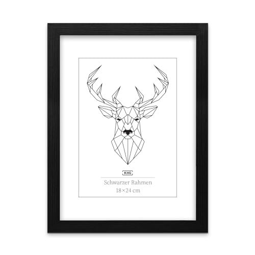 KHG Bilderrahmen aus MDF-Holz mit stabilem Glas und Passepartout, zum Aufhängen oder Hinstellen, Ideal für Portraits, Urkunden, Poster - schwarz, 18x24 cm von KHG