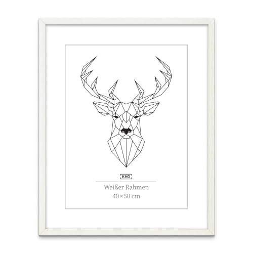 KHG Bilderrahmen aus MDF-Holz mit stabilem Glas und Passepartout, zum Aufhängen oder Hinstellen, Ideal für Portraits, Urkunden, Poster - weiß, 40x50 cm von KHG
