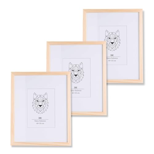 KHG Holz-Bilderrahmen 3er Set lackiert mit stabilem Glas und Passepartout, Ideal für Portraits, Urkunden, Poster, Puzzles & Collagen, 40x50 cm Natur von KHG