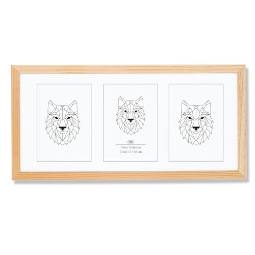 KHG Holz-Bilderrahmen Ausschnitt für 3 Bilder mit stabilem Glas und Passepartout, Ideal für Portraits, Urkunden, Poster, Puzzles & Collagen, 23x51cm, Natur Holz von KHG