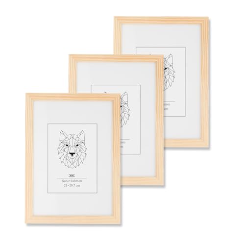 KHG Holz-Bilderrahmen lackiert mit stabilem Glas und Passepartout, Ideal für Portraits, Urkunden, Poster, Puzzles & Collagen, 3 Stück 21x30cm Natur Hellbraun von KHG